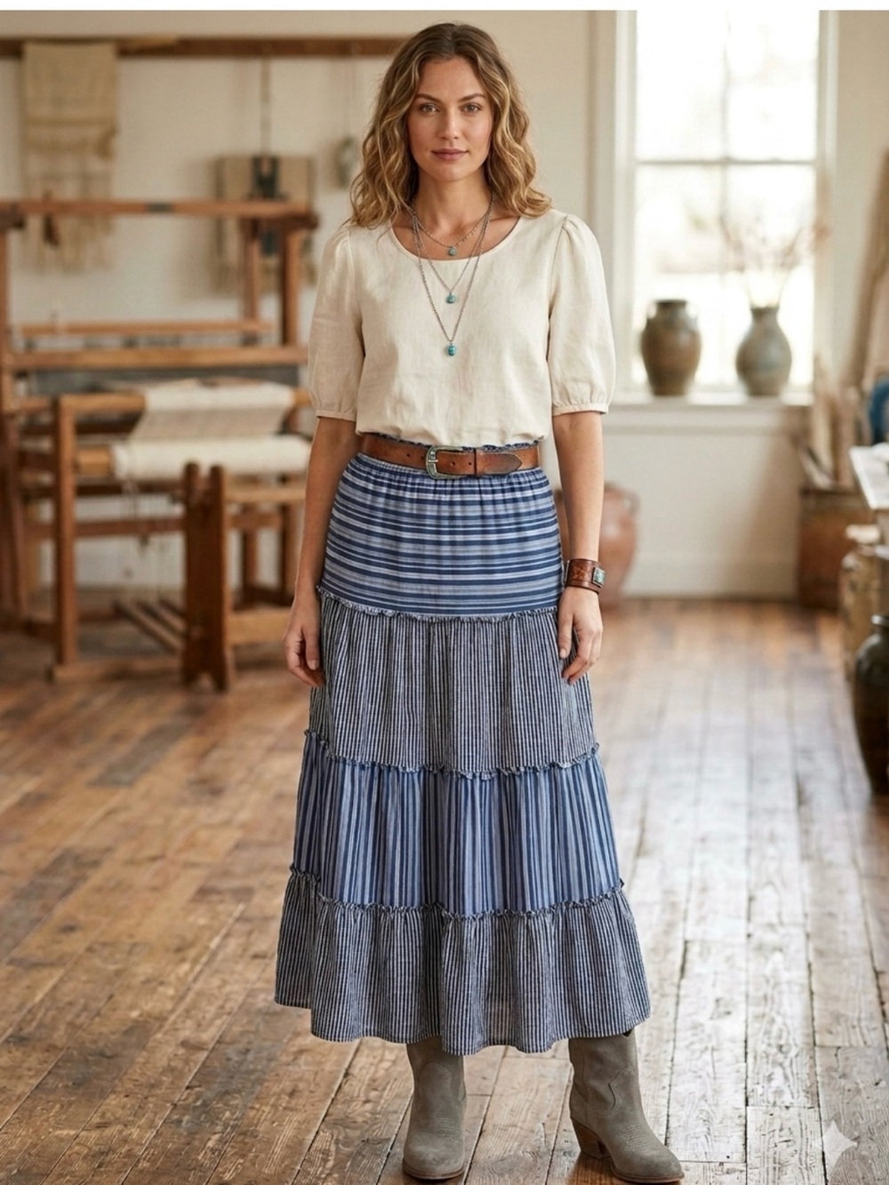 Sundance Striped Blue Tiered Maxi Skirt M Boho Peasant Western Prairie